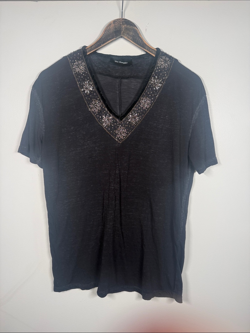 The Kooples Black Short-Sleeve V-Neck Tee with Embellished Trim